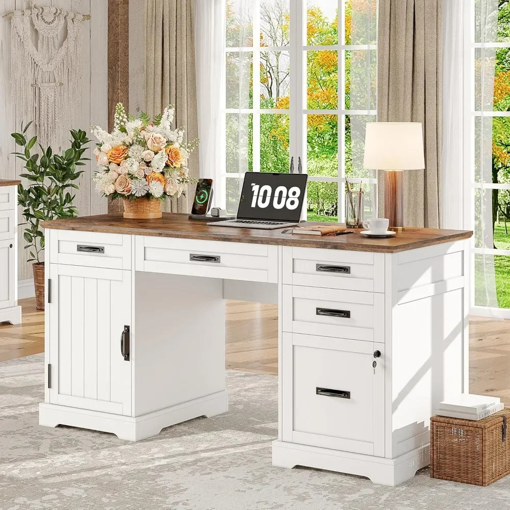 Executive Desk with Drawers, 55'' Farmhouse Desk Wooden, Home Office Computer Desk with File Cabinet and Charging Station, White