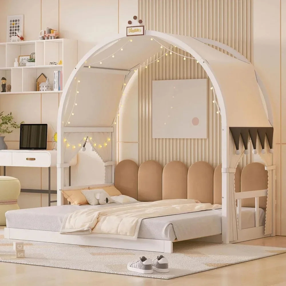 Floor Bed with Light and Curtain Twin To 2 Twin, Wood House Montessori Bed Frame with Arched Roof and Trundle, Kids Beds