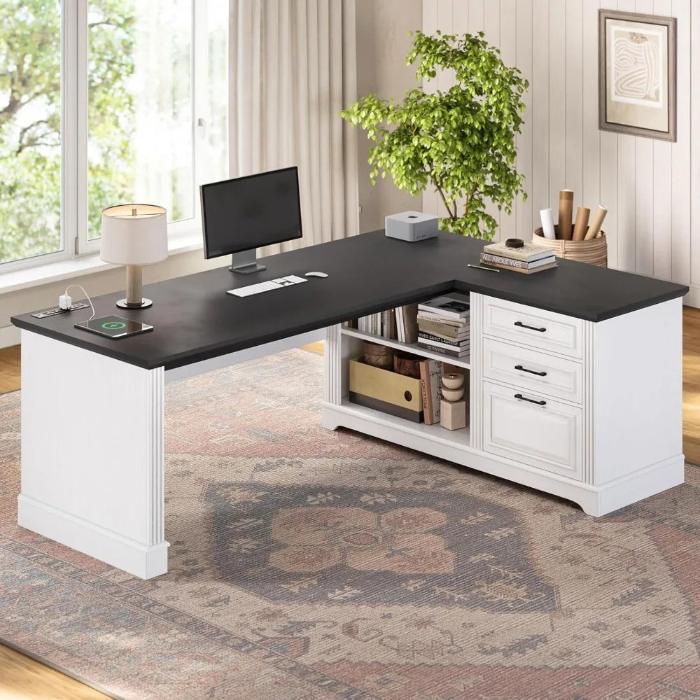 Computer Desk, Farmhouse 61" Executive L Shaped Desk, Home Office Desk with File Drawers, Computer Desk with Power