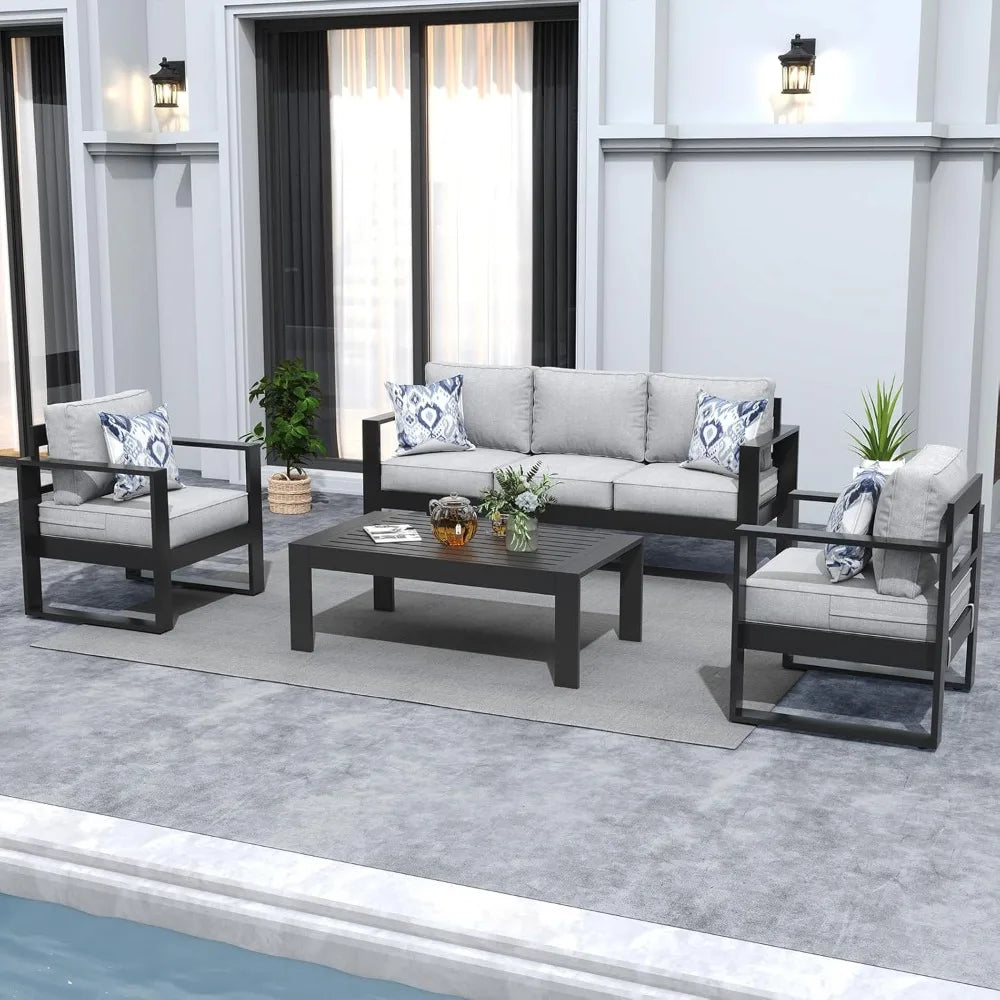 4 Piece Modern Aluminum Patio Furniture Set, Outdoor Patio Sectional Metal Seating Sets with Olefin Cushion and Coffee Table