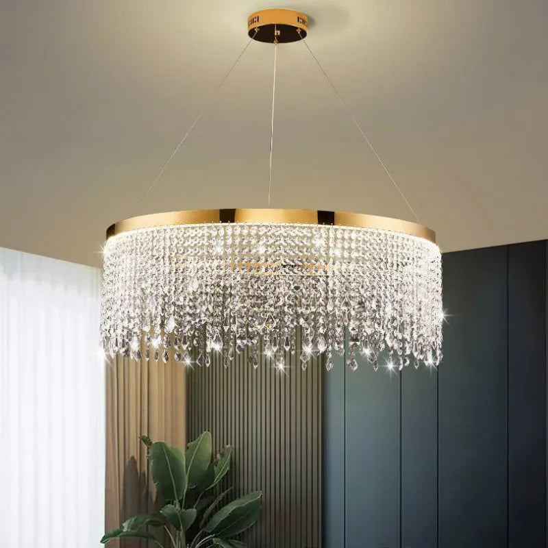 Modern K9 Crystal Chandelier Luxury Gold LED Pendant Lamp Circle Design Hanging Lights for Living Room Home Decoration Lighting Arrival 29-48 days