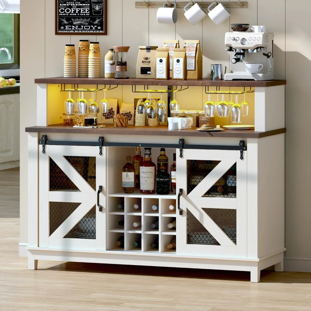 55" Coffee Bar Cabinet with LED Lights, Farmhouse Wine Bar Cabinet for Home with Wine Glass Rack, Kitchen Buffet Cabinet with Sl