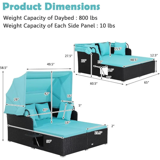 Patio Rattan Daybed with Retractable Canopy, Patiojoy Wicker Sun Lounger with 2 Foldable Side Panels, Thick Seat & Back Cushions