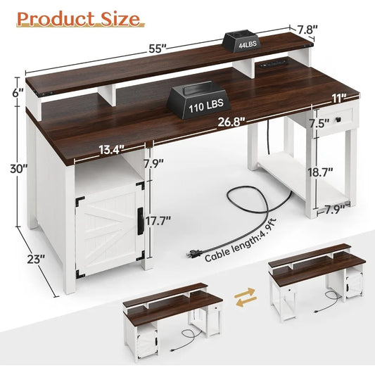 55" Office Desk with Drawers,Farmhouse Desk with Power Outlets Reversible Computer Desk Long Monitor Stand Large Home Office