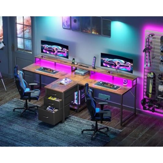 94 Computer Desk with Fabric Drawer & File Cabinet- 2 Person Home Office Desk with Power Outlet & LED Light, Long Writing Desk
