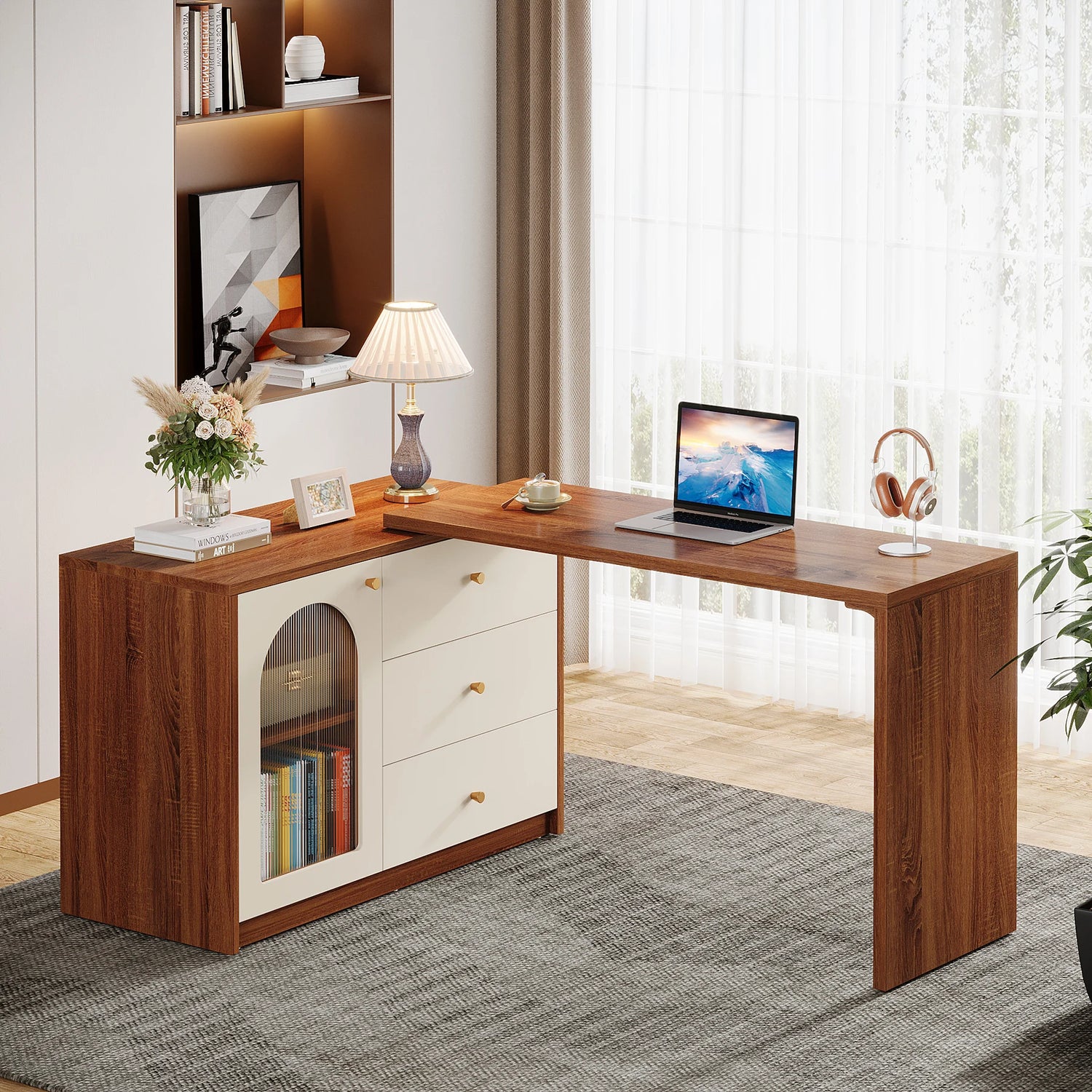 Tribesigns L Shaped Computer Desk with Drawers, Modern Corner Home Office Desk with Reversible Storage Cabinet, Long Study Desk