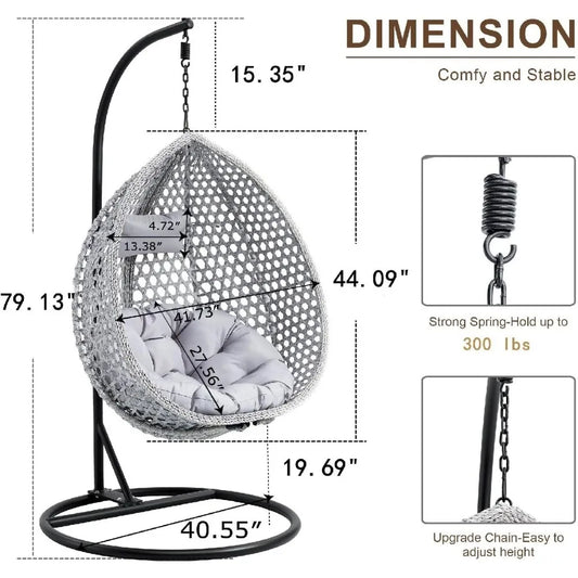 Hanging Egg Chair Outdoor,Rattan Swing with Foldable Basket,Hammock with Metal Stand,Lounge for Garden Backyar