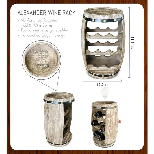 Modern Alexander Wine Rack - Freestanding Wooden Barrel Wine Holder for 8 Wine Bottles, Bottle Rack Floor Stand