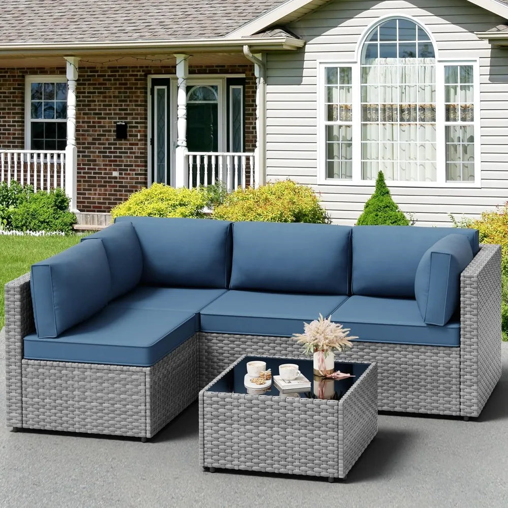 5 Pieces Patio Furniture Sets, Wicker Outdoor Sectional Furniture with Glass Table and Cushions, Rattan Patio Conversation Sets
