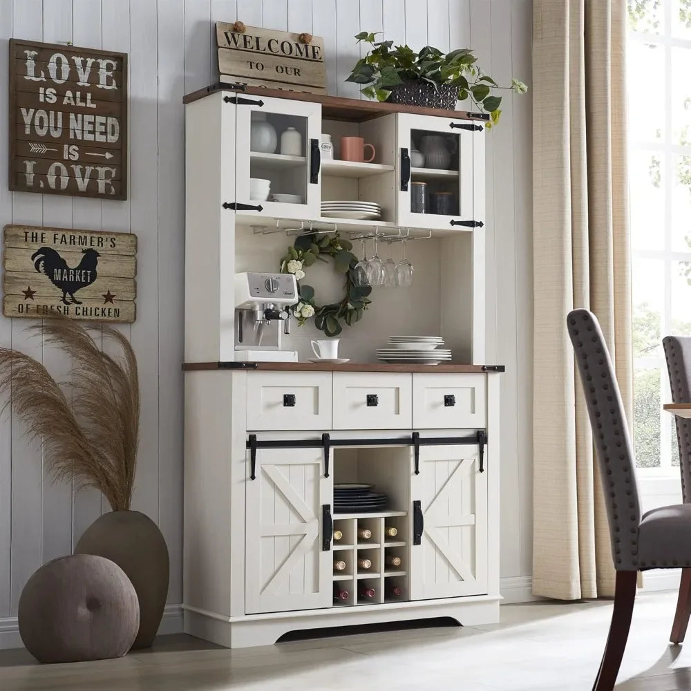 72" Farmhosue Bar Cabinet with Sliding Barn Door, Large Kitchen Buffet with Hutch w/Wine & Glasses Rack, 3 Drawers, 12 Stora
