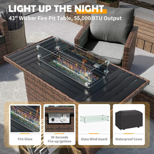 Outdoor Patio Furniture Set with 44" Fire Pit Table for Garden Backyard Deck, 6 Pieces Sectional Conversation Sets