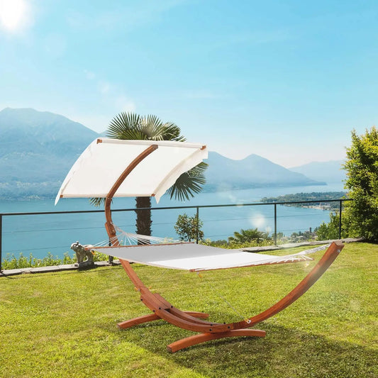 13FT Wooden Arc Hammock with Canopy, Outdoor Hammock Bed with Wood Arc Stand for Patio Balcony Garden Backyard, White