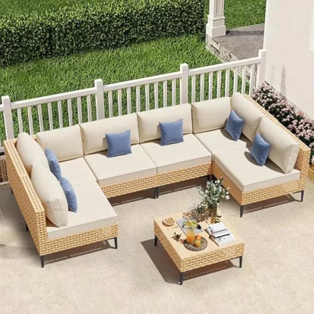 Paito Furniture Set, 110" Large 7-Piece Wicker Outdoor Paito Furniture Sets with Coffee Table,Boho Patioes Set Sectional Sofa