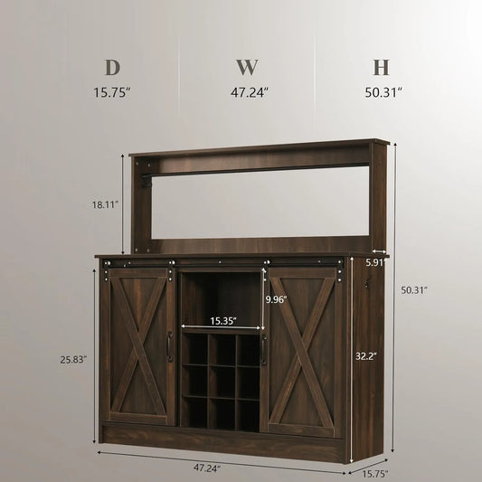 Farmhouse Coffee Bar Cabinet with 6 Hooks, 47 Inch Coffee Bar Hutch with 9 Wine Racks, Coffee Bar Table with Sliding Barn Door