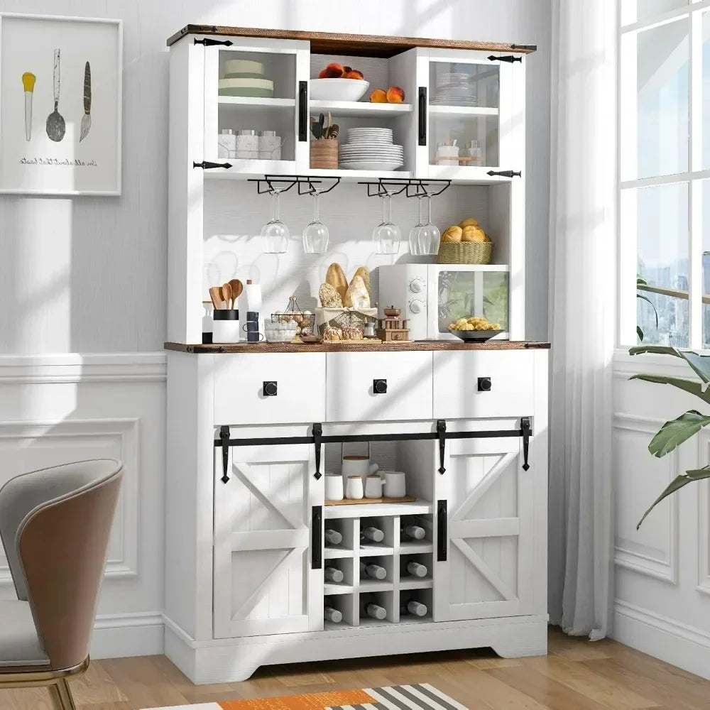 Farmhouse Coffee Bar Cabinet with Storage, Tall Bar Cabinet with 3 Drawers, Wine Bar Cabinet with Sliding Barn Doors
