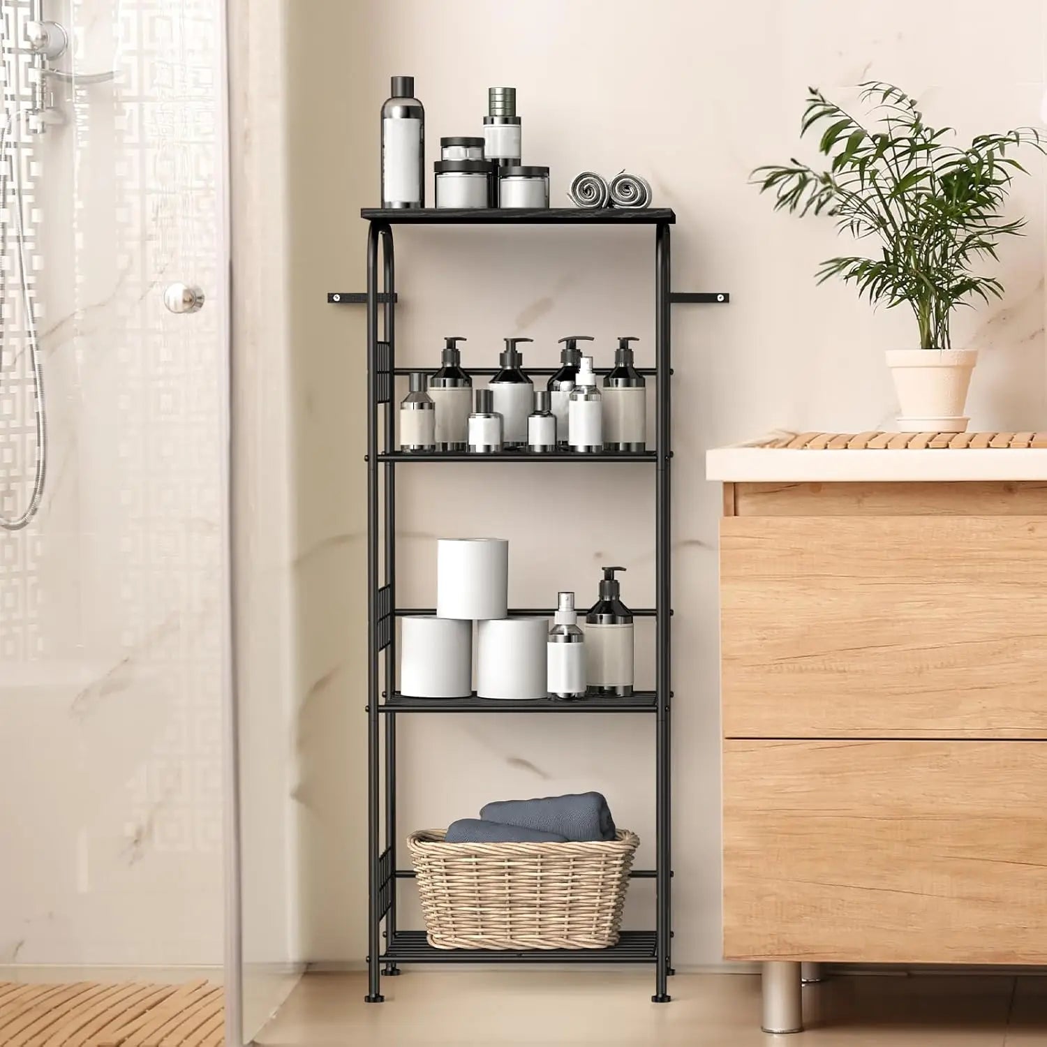 4 Tier Kitchen/Bathroom Storage Rack Metal Shelves with Wheels Large Capacity Shelving Unit Wire Mesh Small Microwave