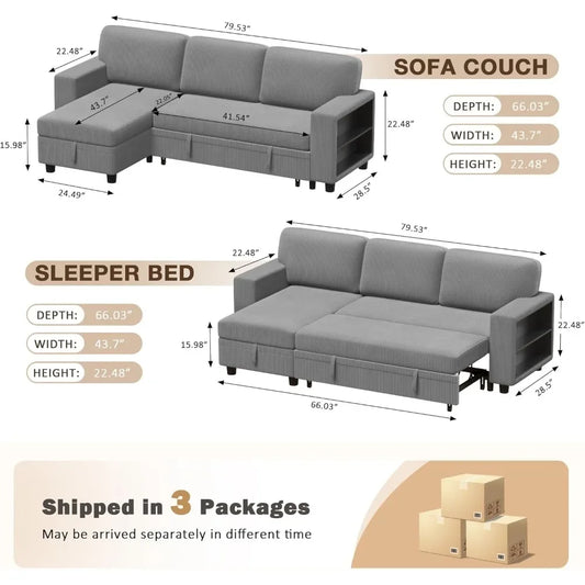 80" Sleeper Sofa, Sofa Bed with Built-in Large Storage and 2 Bookshelves, Convertible Sectional Sofa Couch, Pull Out Co