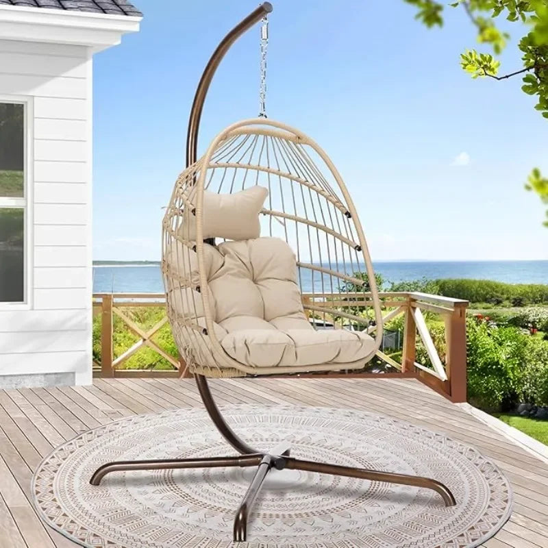 HOME.Hanging Egg Chair with Stand Outdoor Swinging Egg Chair with Water Resistant Cushions PE Rattan Wicker Chair Foldable Baske