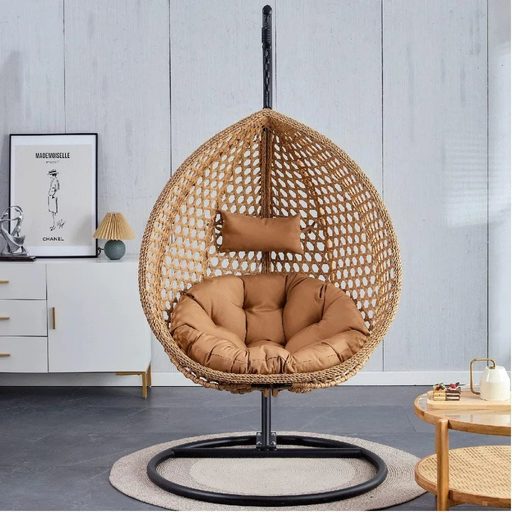 Hanging Egg Chair Outdoor,Rattan Swing with Foldable Basket,Hammock with Metal Stand,Lounge for Garden Backyar