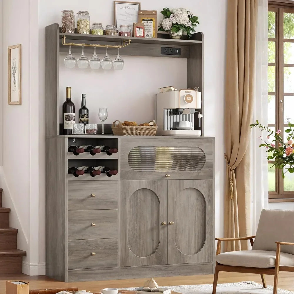 67" Tall Wine Bar Cabinet with Power Outlet, Kitchen Hutch 3 Storage Drawers 3 Cabinets 6 Wine Racks, Coffee Pantry Buffet.