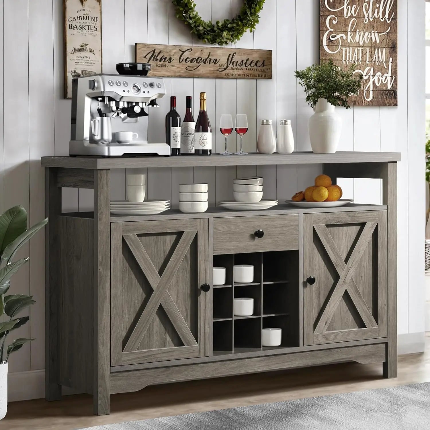 Gray Coffee Bar Cabinet With Storage, 47” Farmhouse Coffee Station With Barn Door And Wine Rack, Coffee Bar Buffet Cabinet With