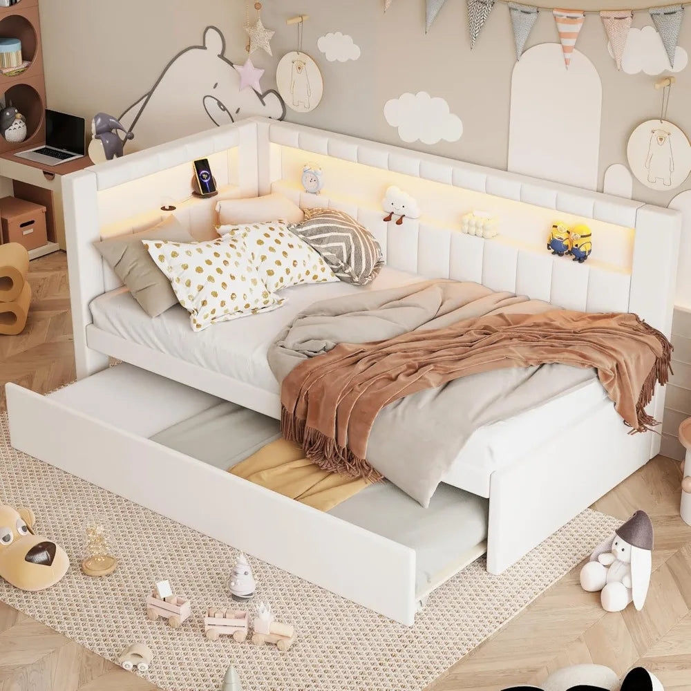 Twin Size Daybed with Trundle and L-Shaped Bookshelf Headboard, Linen Upholstered Soft Corner Bed with Storage Shelves, Charging