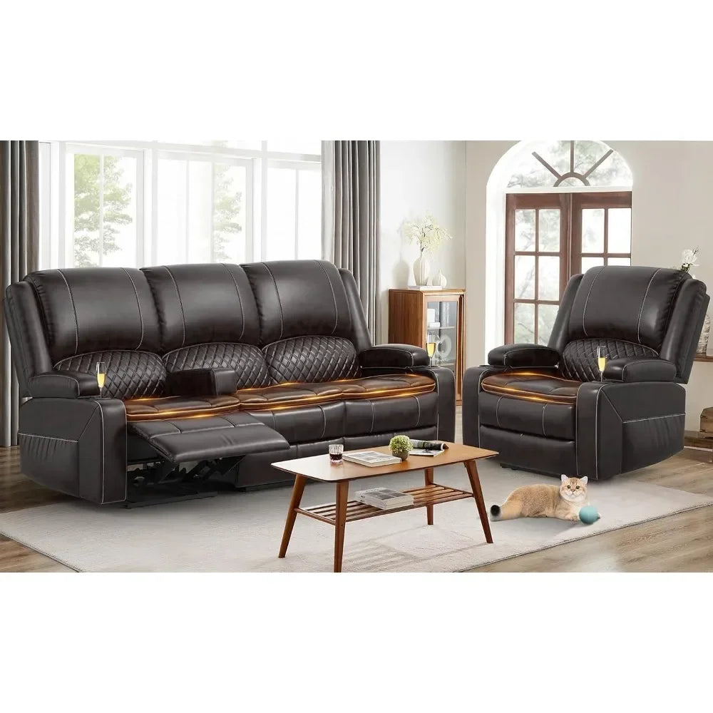 3 Seater Recliner Sofa Set with 2-Tier Cushion, 3+1 Pieces in Living Room, 3 Seater Reclining Couch Leather