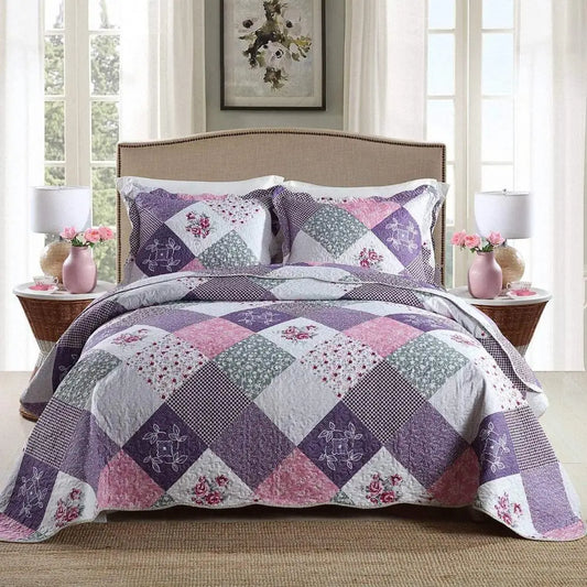 Reversible Microfiber Quilt Set 3 Piece All Season Patchwork Coverlets Floral Bedding Durable Soft Warm Lightweight