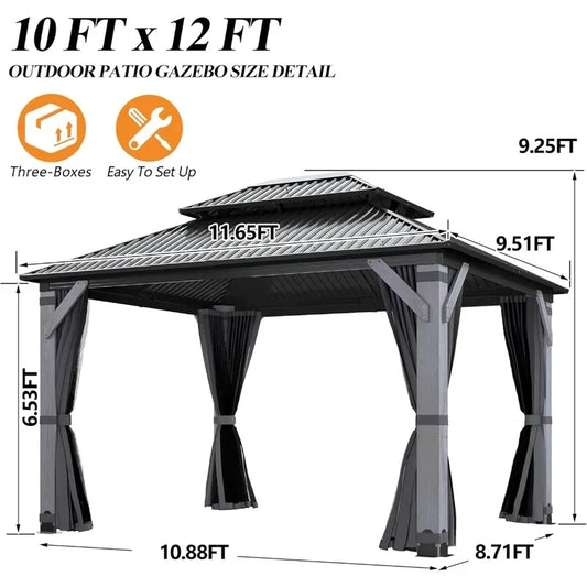 10' x 12' Outdoor Gazebo, Hardtop Pavilion with Double Curtains, Galvanized Steel Roof, Cedar Wood Structure