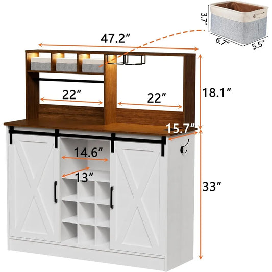 Coffee Bar Cabinet with Adjustable 20-Color LED Lights and 6.5FT Outlet, Kitchen Buffet Storage Cabinet, 47'' Sideboard Buffet