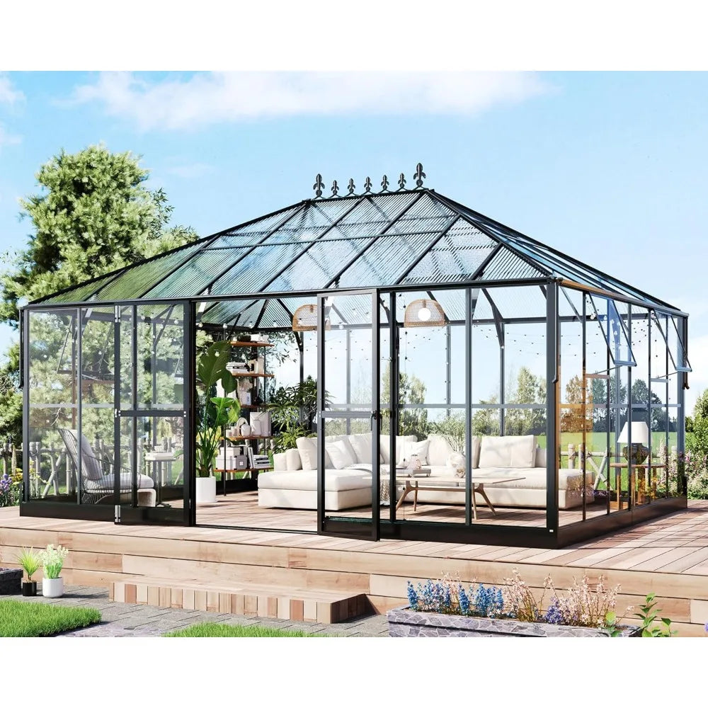 16x12x9.5 FT Pavilion Styled Greenhouse with Clear Panels Double Swing Doors, 4 Vents Hybrid Polycarbonate Greenhouse, Green Ho