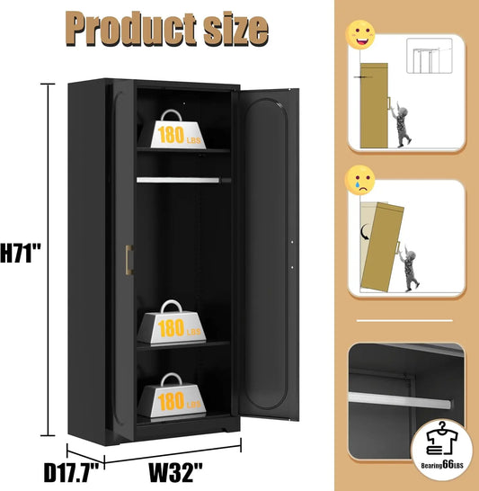 71" Tall Metal Storage Cabinet, Armoire Wardrobe Closet with Hanging Rod