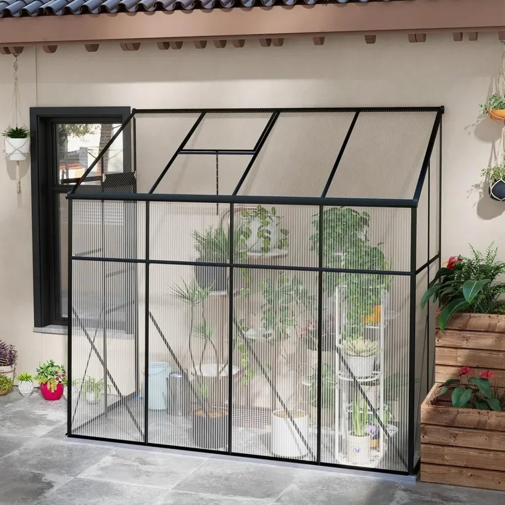 8' x 4' Lean-to Polycarbonate Greenhouse, Walk-in Green House with Sliding Door House with Aluminum Frame and Foundation