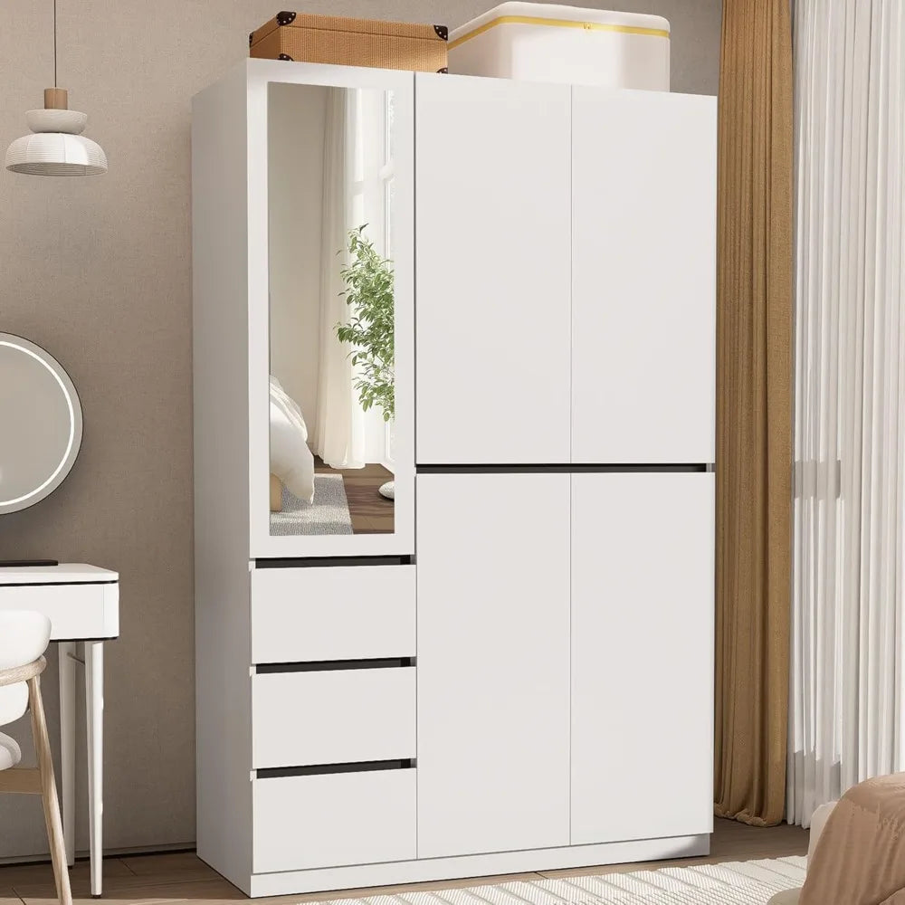 5 Doors Armoire Wardrobe Closet with 3 Drawers & Mirror, Wooden Bedroom Armoires w