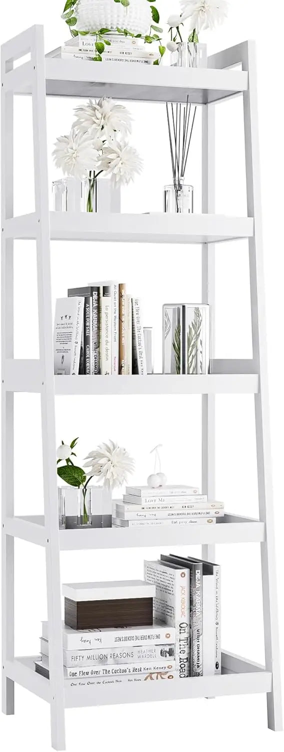 Bookshelf, 5 Tier Ladder Bookcase With Bamboo Frame, Freestanding Tall Narrow Display Plant Shelf For Living Room, Kitchen,