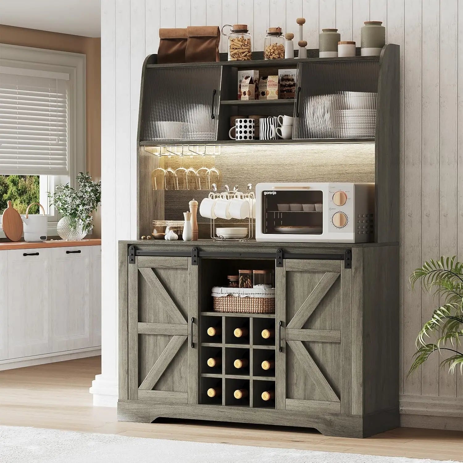 Coffee Bar Cabinet with Charging Station & LED Light, Farmhouse Kitchen Hutch with Sliding Acrylic Doors, Tall Bar Cabinet with