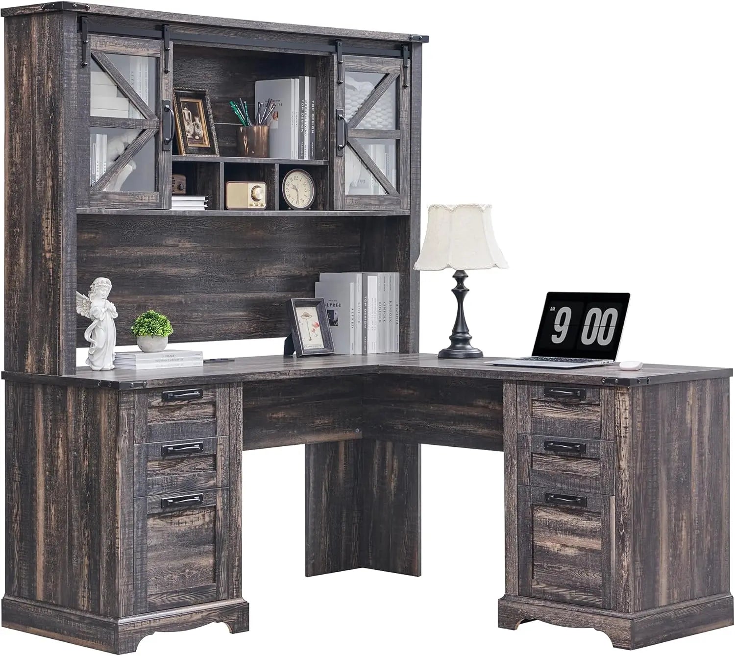 RedLemon 60" Farmhouse L Shaped Desk with Hutch Wood Home Office Executive Desk with Drawer Charging Station File Drawer