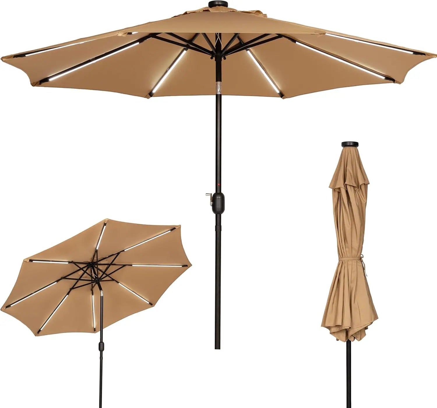 9FT Outdoor Solar LED Lighted Patio Umbrella with 8 LED Strip Lights & 8 Ribs, Convenient Crank Lift System