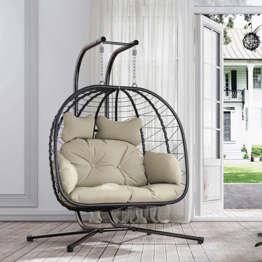 Double Wicker Swing Egg Chair Hammock Foldable Hanging Loveseat with Stand, UV Resistant Removable Cushions, 700LBS Capacity
