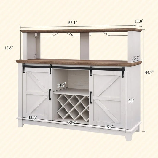 Farmhouse Coffee Bar Cabinet with LED Lights, Buffet Cabinet with Storage & Wine Racks, Home Liquor Cabinet with Adjustable