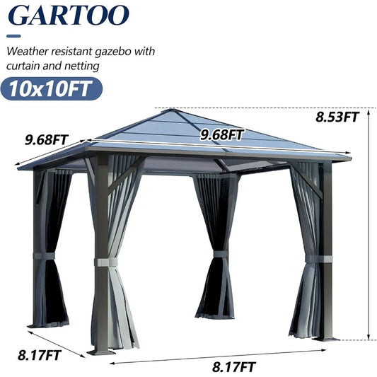 Hardtop Gazebo, Outdoor Gazebo with Translucent Roof, Polycarbonate Top Metal Frame Garden Tent with Breathable Mesh