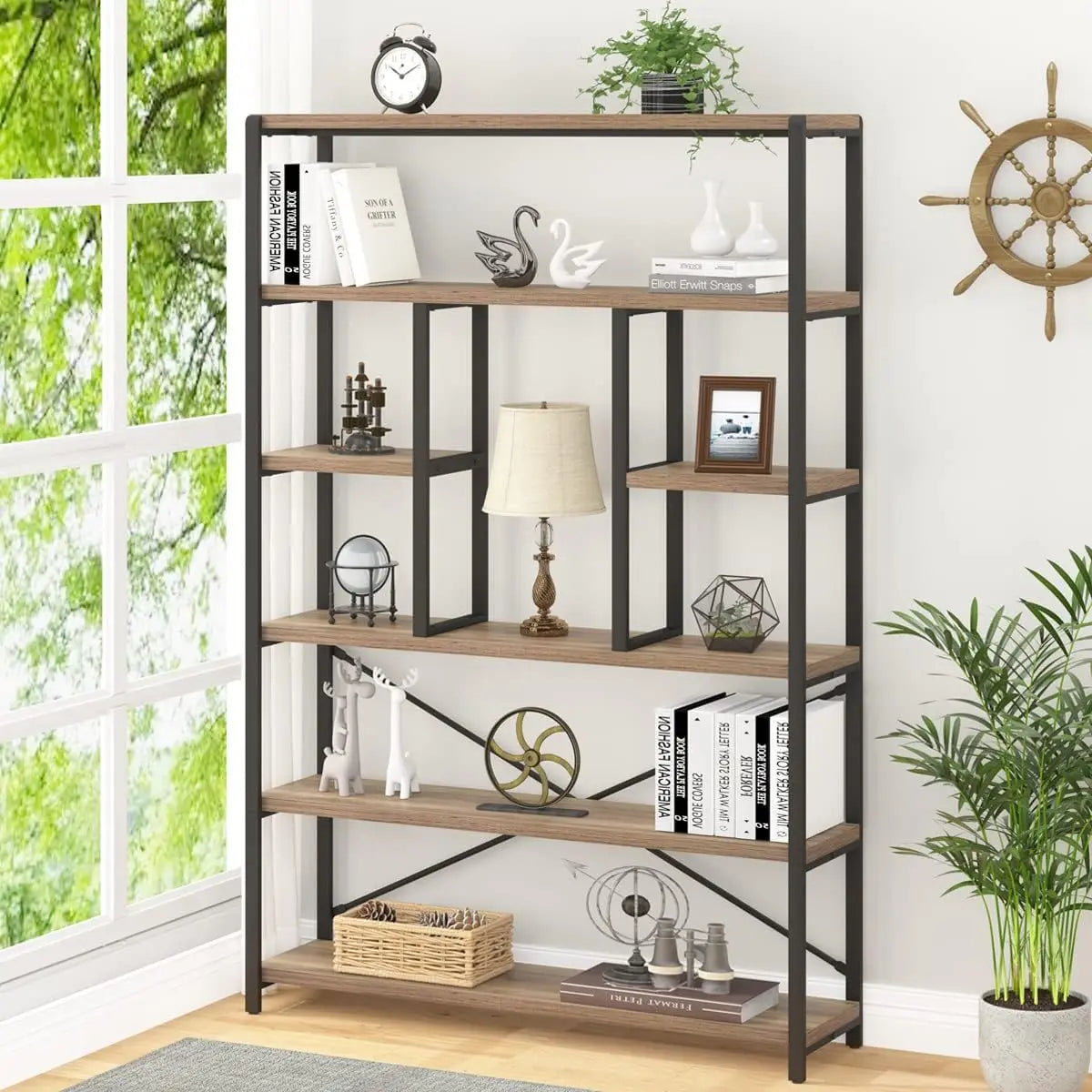 Lvb Tall Industrial Etagere Bookcase, Modern Wood Large Open 6 Tier Bookshelf, Vintage Wide Metal Book Shelf Organizer,