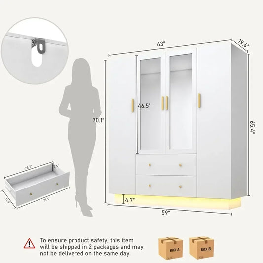 4 Doors Armoire Wardrobe Closet with Mirror, LED Armoire with Doors and Drawers, Wooden Armoire Storage Cabinet