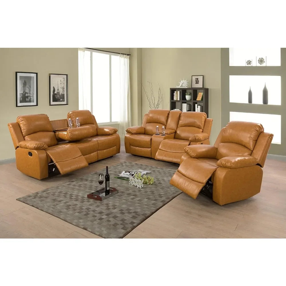 Ginger Leather Reclining Sofa Set for Living Room Set,Recliner Sofa with Drop Down Table/Double Recliner sofas