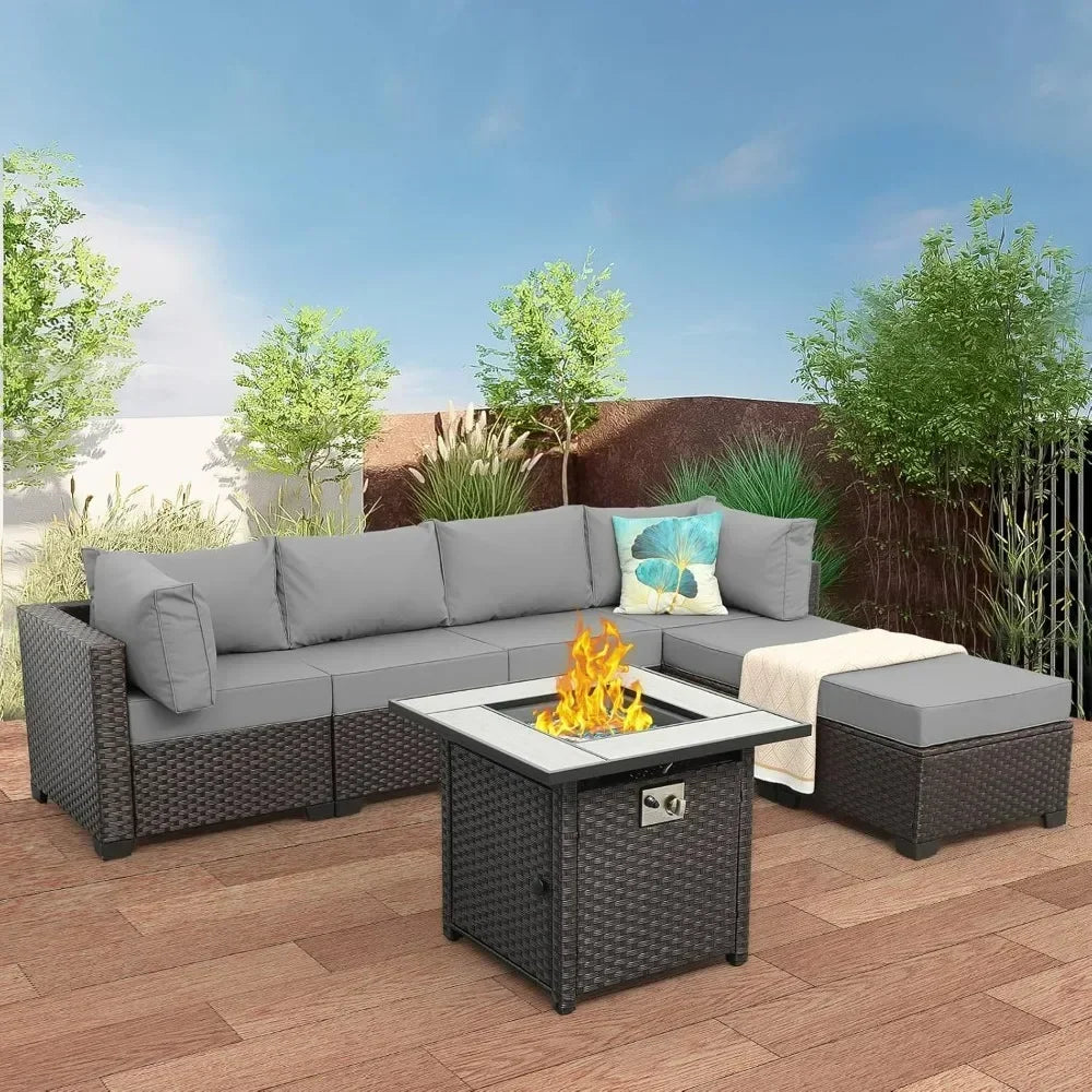 Outdoor Patio Furniture Set 7 Pieces Sectional Sofa with Fire Pit Table, Non-Slip 5" Thick Grey Cushion and Furniture Cover