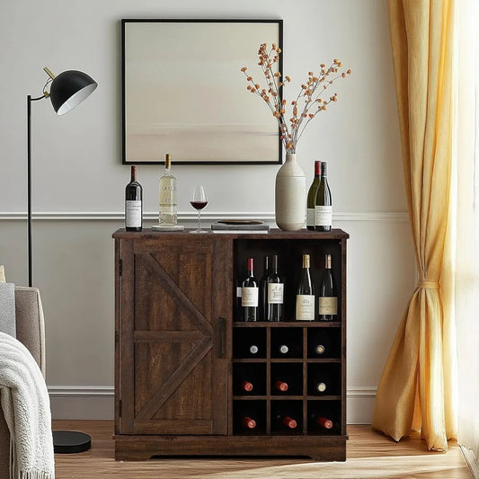 Farmhouse Coffee Bar Cabinet with Storage, 32 inch Table with Barn Door and 9 Wine Racks, Adjustable Shelf, Dining