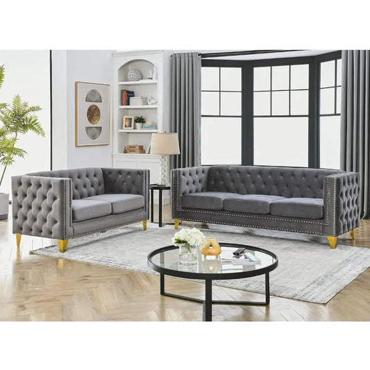 Velvet Living Room Sofa Set of 2, Comfy Loveseat and 3 Seater Couch, Modern Sofa with Tufted Back Upholstered Long Couch
