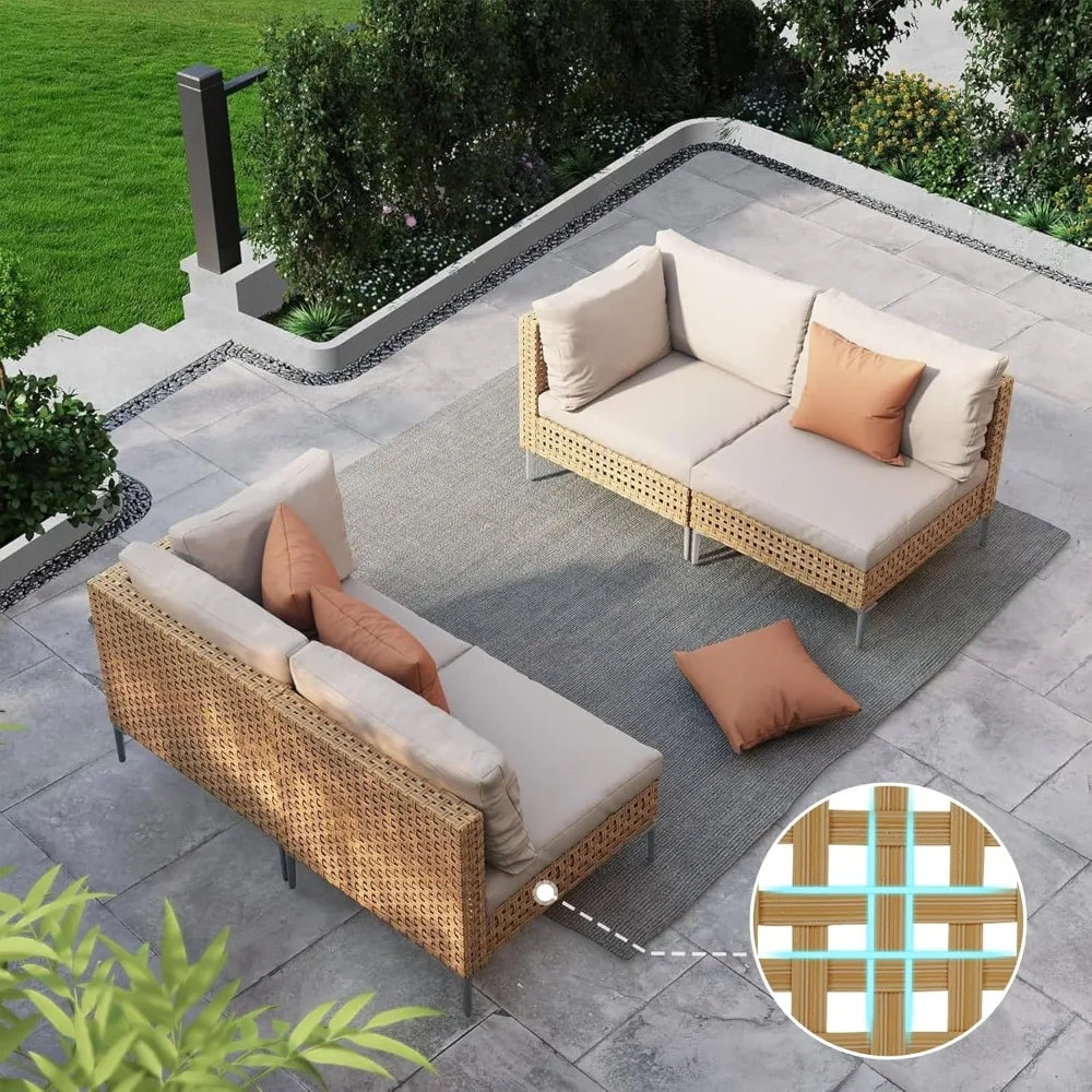 4-Piece Wicker Patio Furniture Set, Boho Outdoor Sectional Sofa with Water Resistant Thick Cushions, Beige Garden Furniture Sets