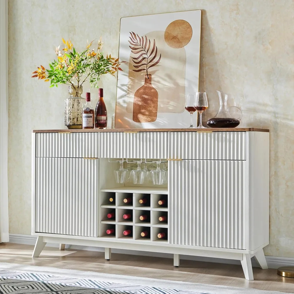 Fluted Wine Bar Cabinet for Liquor, 60" Modern Coffee Bar Cabinet w/Wine & Glass Rack, Large Buffet Sideboard w/ 3 Storage D