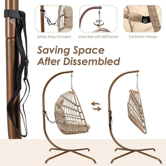 HOME.Hanging Egg Chair with Stand Outdoor Swinging Egg Chair with Water Resistant Cushions PE Rattan Wicker Chair Foldable Baske
